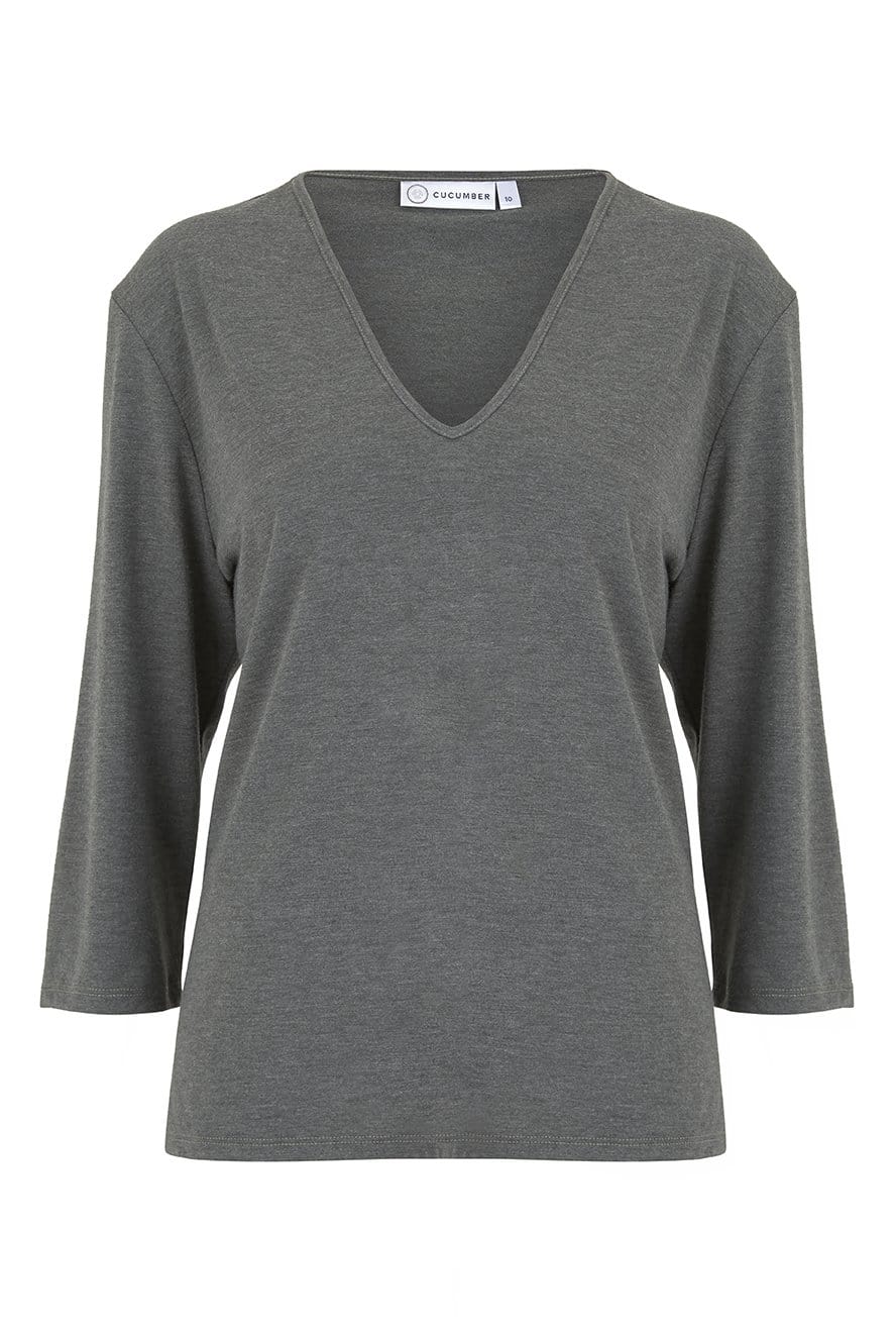 v-neck-three-quarter-sleeve-tee-green-grey-sustainable-wicking-cooling-cucumber-clothing