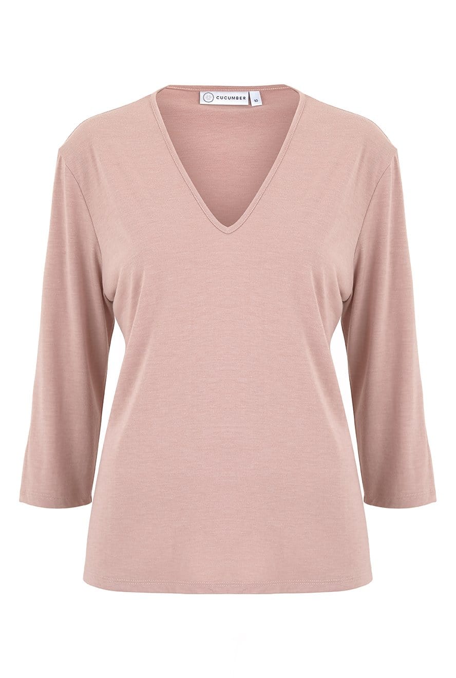 v-neck-dress-pink-three-quart-sleeve-cooling-wicking-breathable-cucumber-clothing
