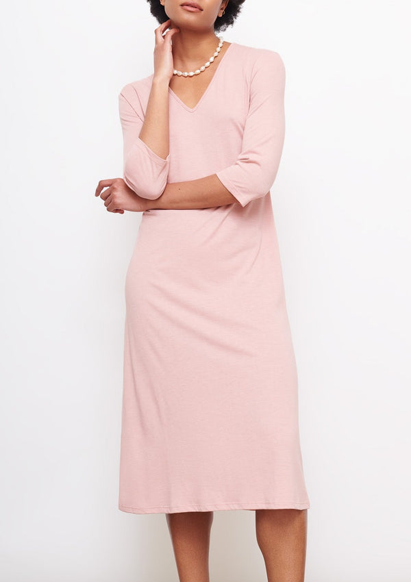 V Neck Three Quarter Sleeve Dress in Rose