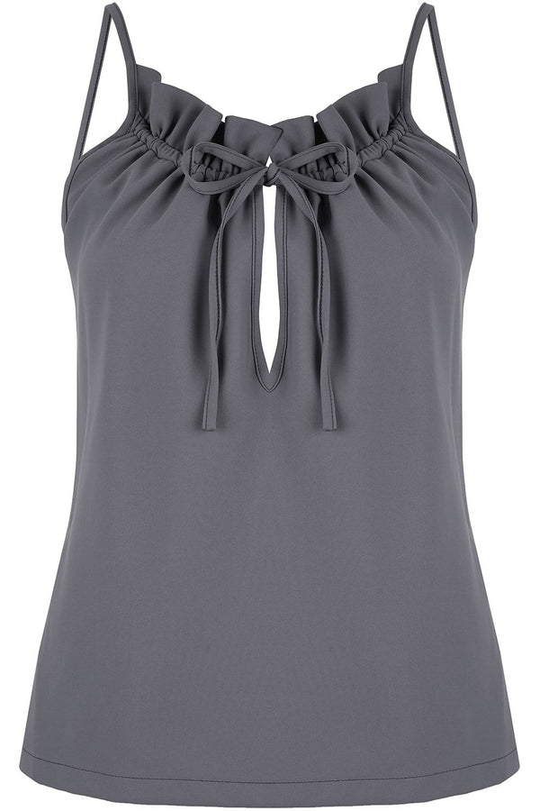 grey-ruffle-top-drawstring-keyhole-wicking-cooling-sustainable-cucumber-clothing